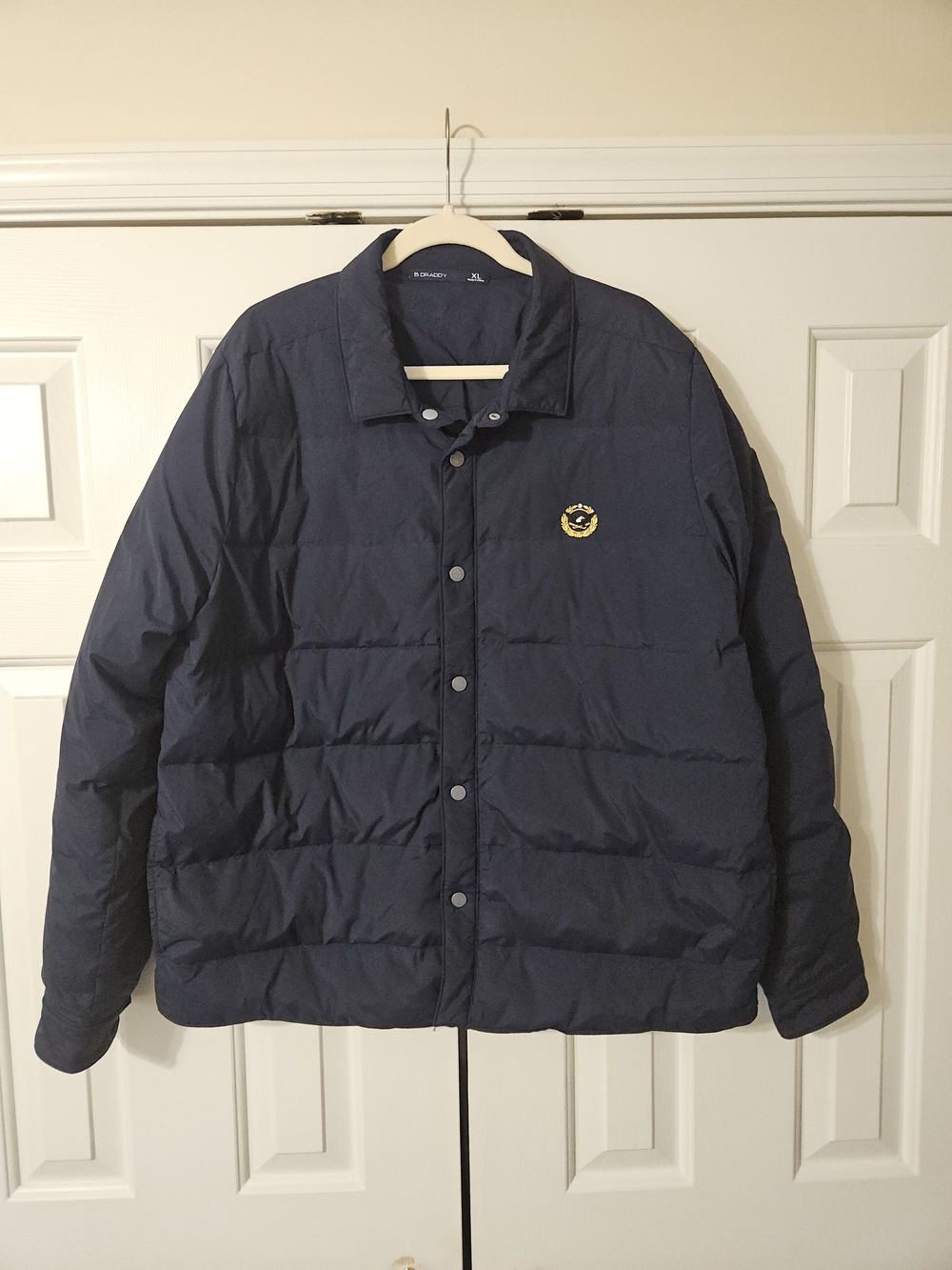 B. Draddy Men's XL Blue Goosedown Insulated Puffer Jacket Button Front With Logo